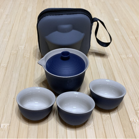 Дорожный чайный набор на 3 персоны синий в чехле